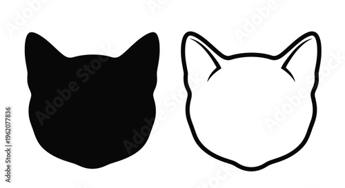 Two stylized cat heads one black and one white facing forward