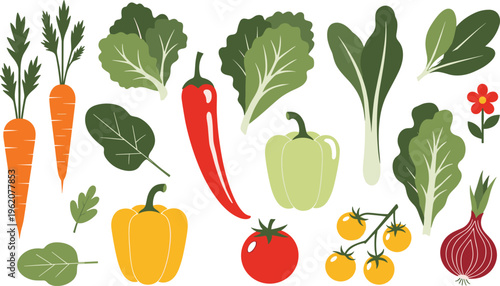 Organic vegetable vector collection. Flat hand-drawn icons of carrots, leafy greens, chili pepper, yellow tomatoes, and red onion for healthy food and garden design.