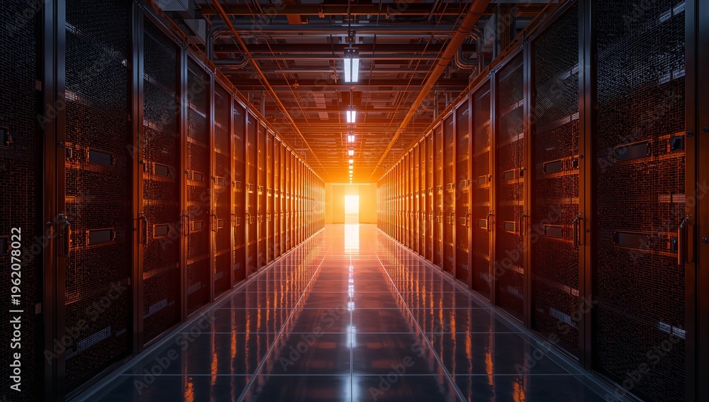 Obraz premium Bright Exit in Dark Server Room with Reflections on the Floor