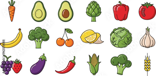 Organic fruit and vegetable vector icon set. Flat illustrations of avocado, artichoke, broccoli, bell pepper, tomato, and wheat for healthy food and app design.
