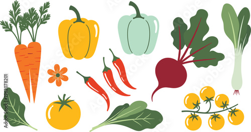 Organic vegetable vector collection. Flat hand-drawn icons of carrots, bell peppers, beetroot, chili peppers, and cherry tomatoes for healthy food and kitchen design.
