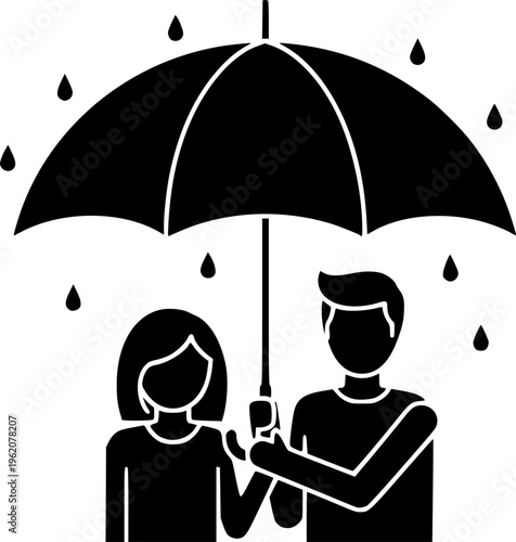 Solid black silhouette of a happy couple sharing an umbrella, minimalist romantic relationships and rainy weather protection vector illustration isolated on white.