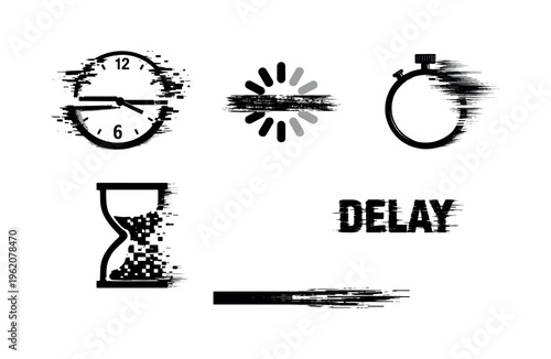 Digital time distortion and latency concept  a set of five glitch-distorted monochrome symbols floating as isolated specimens on a perfectly clean white