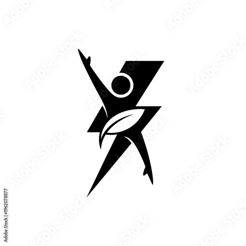 Energetic person silhouette with lightning bolt and leaf icon, symbolizing vitality and eco-friendly power
