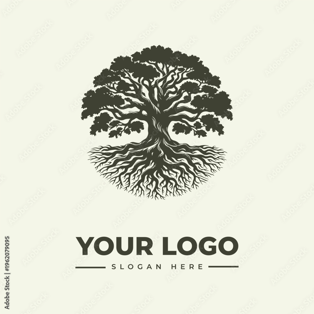 Fototapeta premium Circular oak tree logo design with intricate roots and branches for branding.