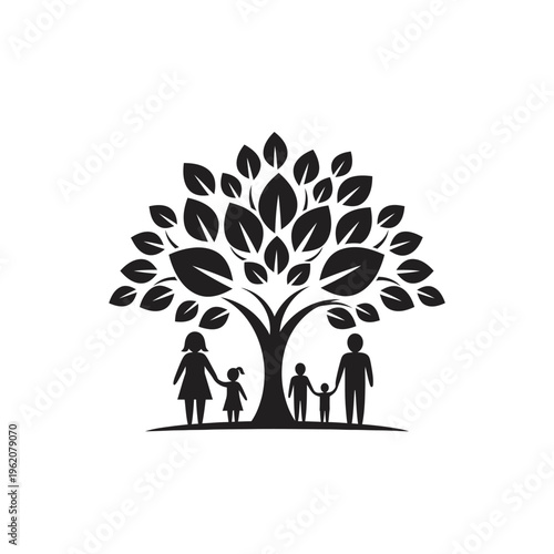 Family Tree Silhouette: Parents and Children Under a Lush Tree
