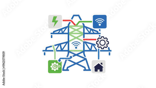 Smart Grid Concept: IoT Electricity Pylon Connecting Energy Management, Smart Home, and Wireless Network.