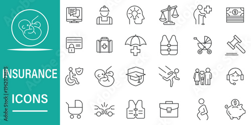 Insurance line icons set. With medical, legal, car, life, property, and, protection of health. Editable stroke. Vector illustration.