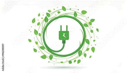 Green Energy Plug Icon within Swirling Leaves Circle. Renewable Power and Eco-Friendly Electricity Concept Illustration.