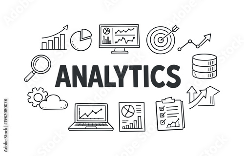 Business analytics and data insights concept centered on interpreting metrics, tracking performance, and making informed strategic decisions based on data. ANALYTICS title with