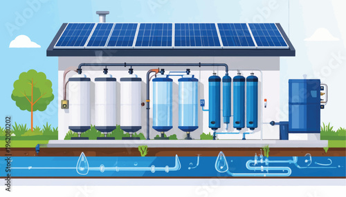 Solar-Powered Water Treatment Plant Illustration: Sustainable Filtration System and Clean Water Technology