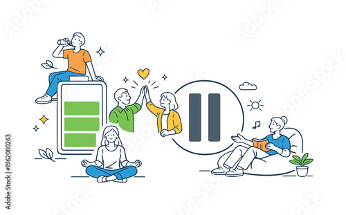 A burnout prevention and work wellbeing scene showing employees recognizing limits and restoring energy together around a large battery icon and a simple pause symbol, using the