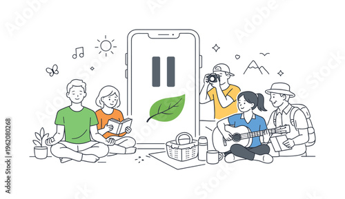 A digital detox and mindful technology use scene showing individuals reducing screen time and reconnecting with offline activities together around a large smartphone with a pause