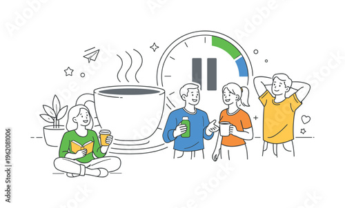 A workplace wellness scenario where employees take short breaks during the workday to recharge and maintain productivity in a balanced office environment, visualized through a