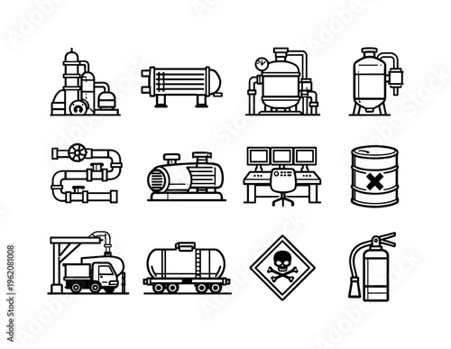 Petrochemical plant: cracking unit, heat exchanger, reactor vessel, separator tank, pipe network, compressor, control room, chemical barrel, loading terminal, rail tank car, hazard