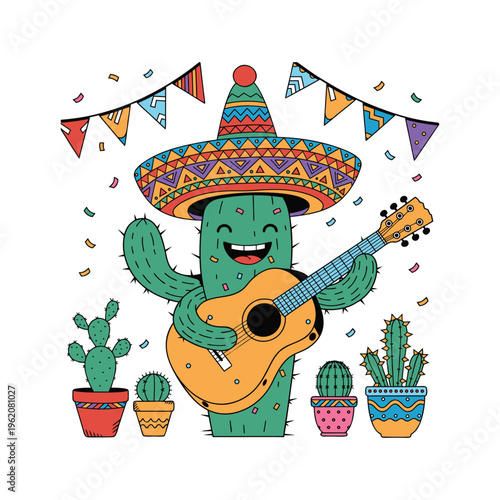 Happy Mexican Cactus Character Playing Guitar wearing Sombrero for Cinco de Mayo Celebration