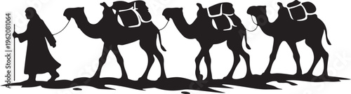 silhouette of camel caravan load trek start