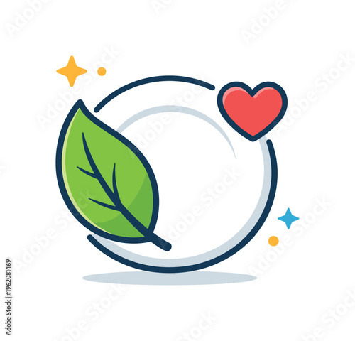 Healthy nutrition and balanced diet focused on maintaining energy and wellbeing in everyday life, a plate combined with a leaf and a small heart forming a simple visual metaphor