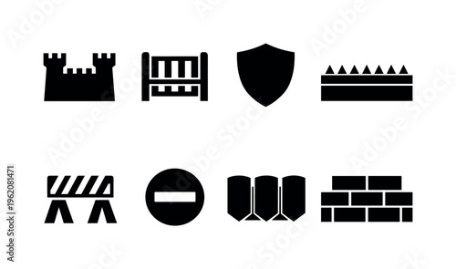 Barrier and protection wall: fortress wall, security barrier, shield wall, boundary line, blocked path, defense structure, no entry sign, protection bricks