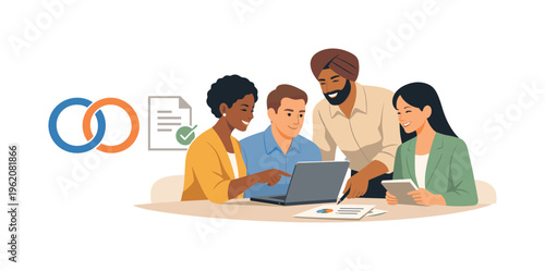 A workplace diversity and inclusive collaboration scene showing professionals from different backgrounds working together beside a simple interlocking circle symbol and a shared