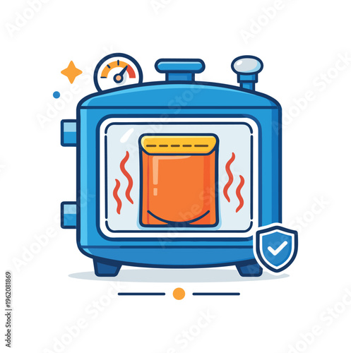 Retort pouch thermal sterilization process in shelf stable food production systems, a sealed flexible pouch inside a simple pressure chamber with heat wave lines indicating