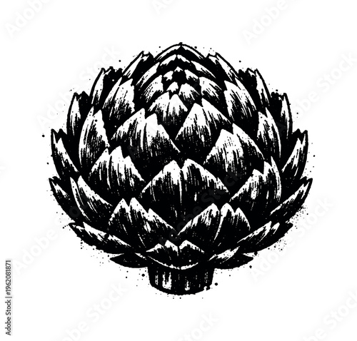 A detailed artichoke shown in direct frontal view, centered and filling most of the frame with tightly layered leaves forming a compact, radial silhouette