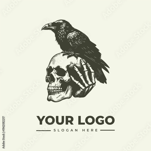 A monochromatic illustration of a crow perched on a human skull with a vintage engraving style, set against a clean white background, conveying a mysterious and eerie mood.