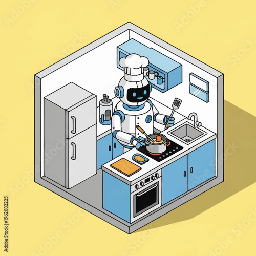 A robot chef cooking in a modern kitchen, using various appliances and tools.