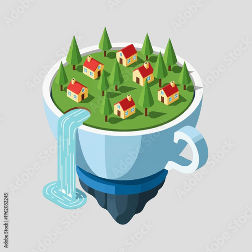 An isometric illustration depicts a whimsical floating island village inside a teacup, with a waterfall.