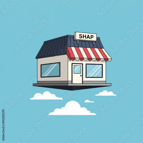 A whimsical illustration of a shop floating in the sky, surrounded by clouds.