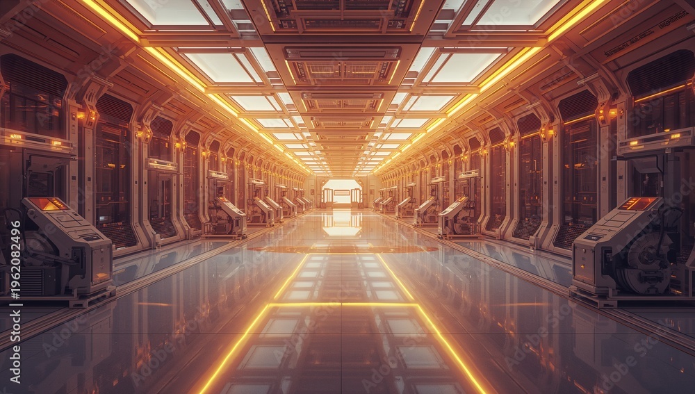 Fototapeta premium Futuristic Sci-Fi Corridor with Orange Lighting and Sleek Design