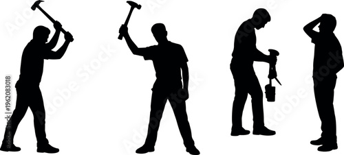Construction workers silhouette set of men using tools like hammer and jackhammer isolated black vector illustration for industry and labor concept
