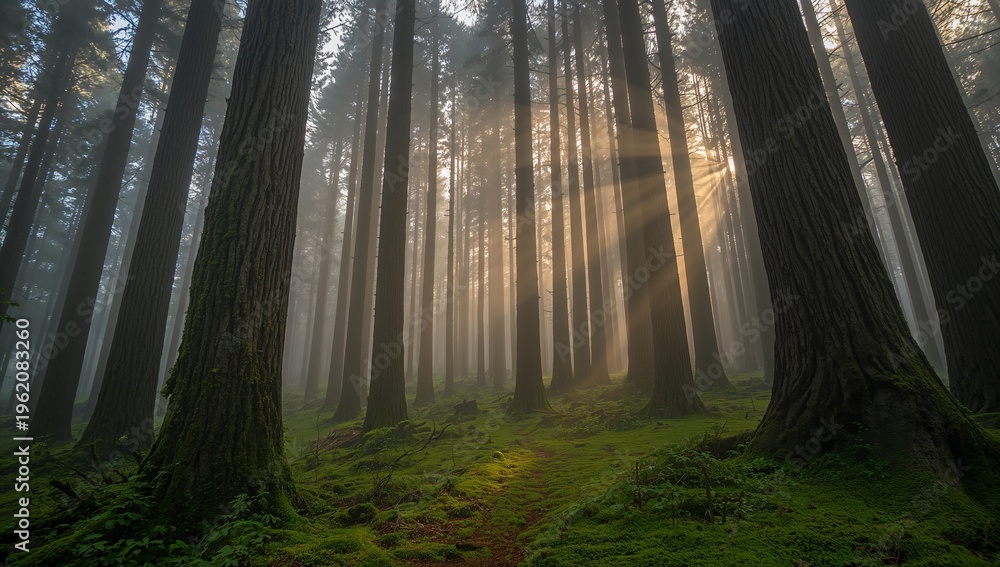 Fototapeta premium Serene Forest Landscape with Sunlight Filtering Through Trees