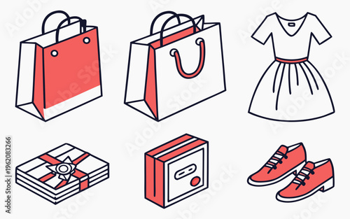 Flat design shopping bags and objects vector icon set .