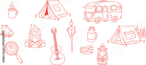 Line art vector set of camping and outdoor adventure icons isolated