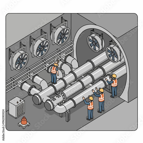 Isometric illustration of workers inspecting and maintaining large industrial pipes inside a tunnel.