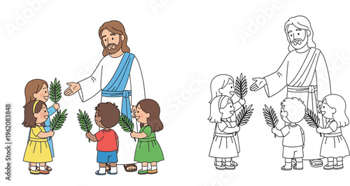 Jesus Welcoming Children with Palm Branches - Palm Sunday Story Illustration
