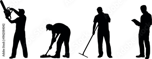 Silhouette of workers using tools chainsaw shovel and rake performing different tasks isolated on white background manual labor concept