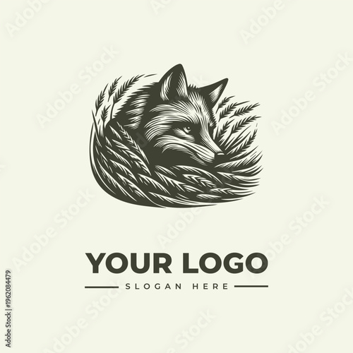 A vintage-style woodcut illustration of a fox curled up in a nest, designed as a logo with a placeholder text 'YOUR LOGO' and 'SLOGAN HERE' on a cream background.