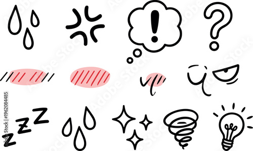 emotion doodle icon set, hand drawn emoji expressions with blush sweat question idea sleep sparkle tornado and light bulb symbols vector illustration isolated on transparent background