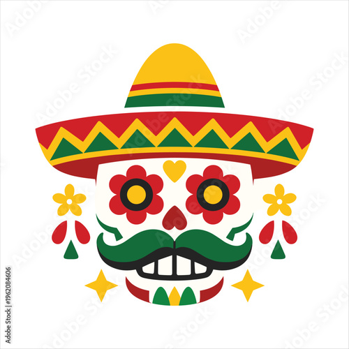 Vibrant mexican sugar skull with sombrero and floral details