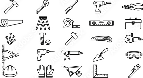 tools construction and repair outline icon set, hammer wrench screwdriver drill pliers saw ladder toolbox ruler level bolt nut knife and workshop equipment vector illustration isolated on transparent 