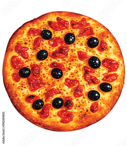 A tasty slice of baked Italian pepperoni pizza with melted mozzarella cheese, tomato sauce, and olives isolated on a white background for a fast food restaurant meal