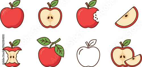 apple fruit collection icons, whole apple half slice core and bitten apple healthy organic food cartoon vector illustration isolated on transparent background