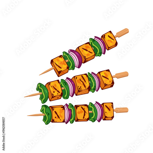 Grilled Paneer Tikka Skewers Indian Appetizer Vector Illustration