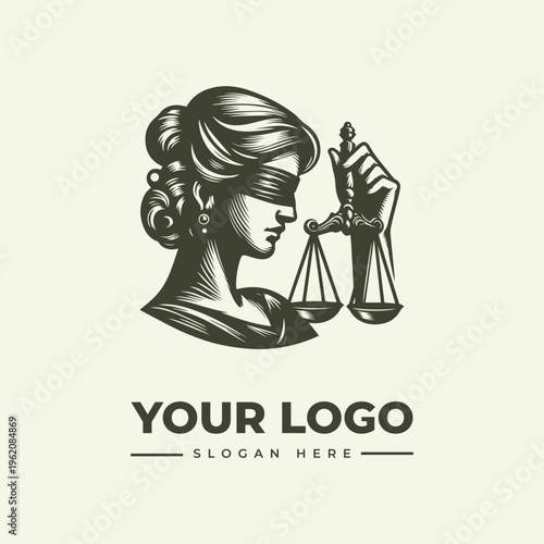 Vintage engraving-style illustration of a blindfolded woman holding scales with a logo and slogan space in a monochromatic, iconic design.