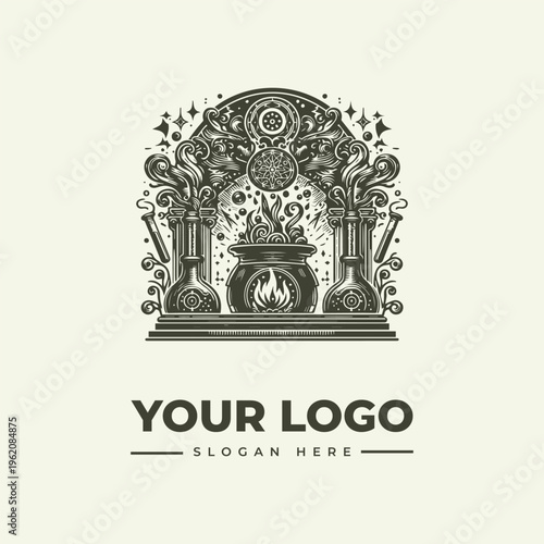 A vintage engraving-style logo illustration featuring an ornate arch with a central urn and foliage, set against a clean white background with space for a logo and slogan.