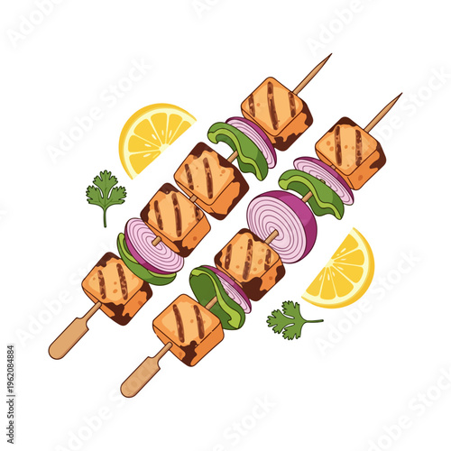 Grilled Paneer Tikka Skewers Indian Appetizer Vector Illustration
