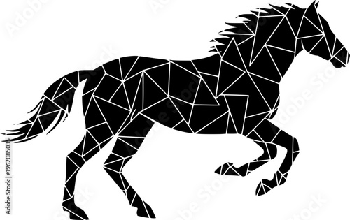 Geometric black silhouette of a galloping horse, minimalist polygonal animal art and creative stallion vector illustration isolated on white background.