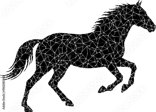 Geometric black silhouette of a galloping horse, minimalist polygonal animal art and creative stallion vector illustration isolated on white background.